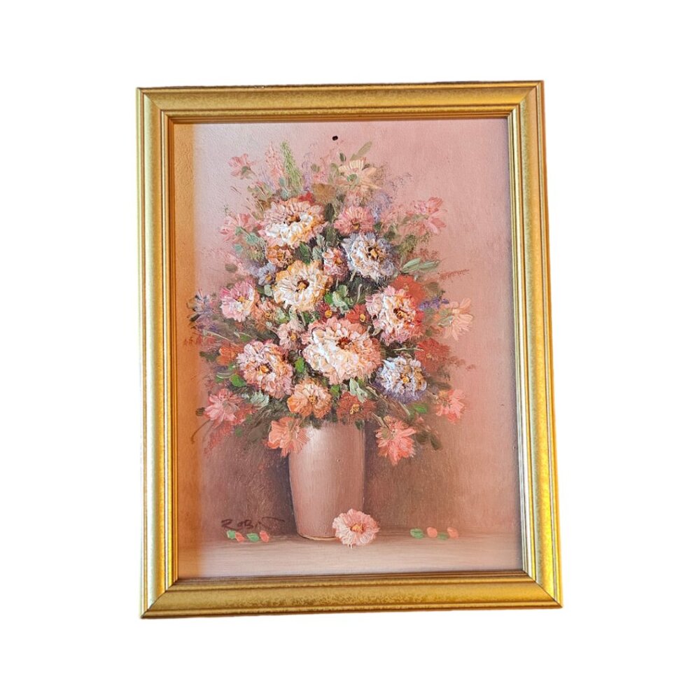 Robin Stilllife Floral Oil Painting on Canvas Reproduction W Modern Gold Frame